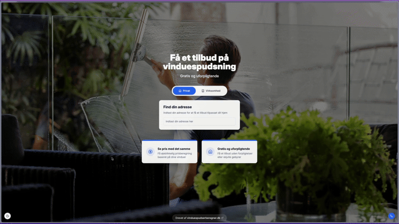 Dashboard forhåndsvisning for Vinduespudserberegner